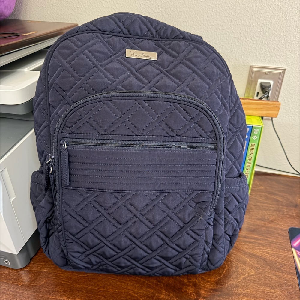 Vera Bradley Black Quilted Cotton Backpack with Pleated Front Pocket